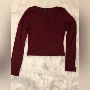 Burgundy deep V long sleeve crop top